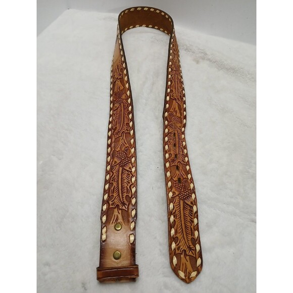 Vintage Hand Tooled Brown Leather Belt Floral PAUL Embossed Weave Edge Size 34 - Picture 3 of 9